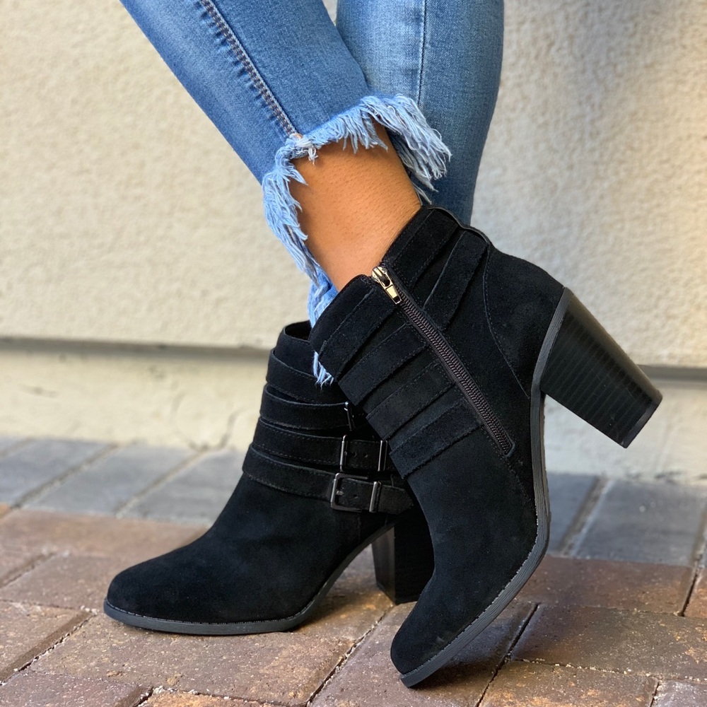 Black Triple Buckle Block Heel Ankle Booties - Picture 8 of 8